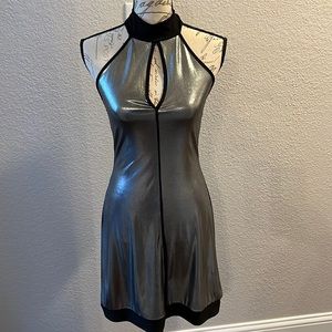 Metallic Silver Halter Dress Trimmed in Black Sz M